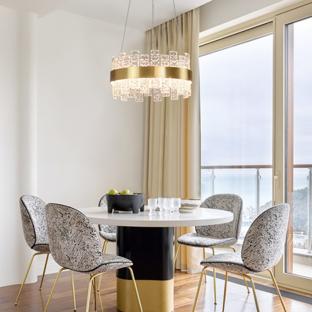 Modern Luxurious Glass Wide LED Round Chandelier in Brass with Strips for Dining Room Living Room