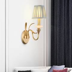 Antique Curved Arm Brass Wall Lamp 1/2- Light Wall Sconce with Blue Fabric Shade for Living Room Hallway Bedroom