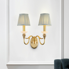 Antique Curved Arm Brass Wall Lamp 1/2- Light Wall Sconce with Blue Fabric Shade for Living Room Hallway Bedroom