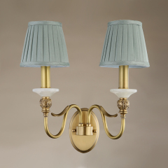 Antique Curved Arm Brass Wall Lamp 1/2- Light Wall Sconce with Blue Fabric Shade for Living Room Hallway Bedroom