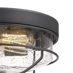 Mid-century Modern Farmhouse Drum Metal Flush Mount Ceiling Light Fixtures in Seeded Glass Shade