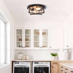 Mid-century Modern Farmhouse Industrial Drum Flush Mount Industrial Seeded Glass Shade Ceiling Light Fixtures