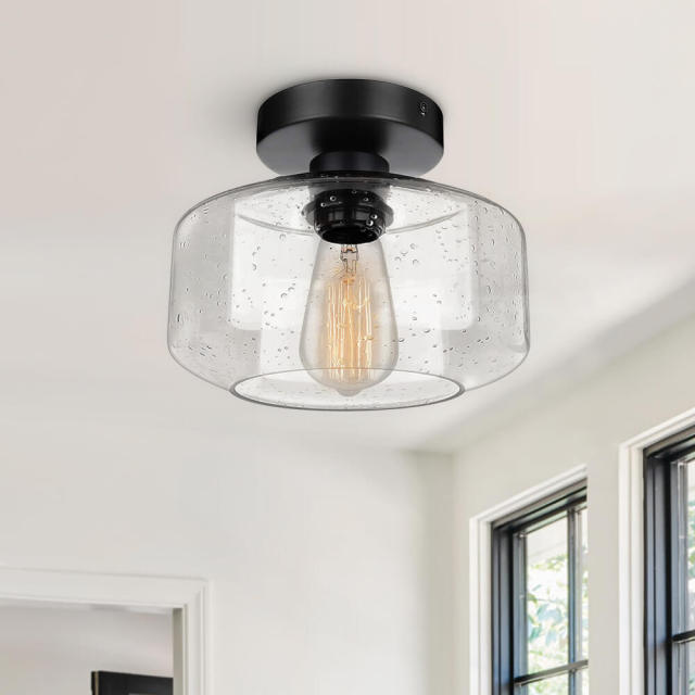 Modern Minimalist Vintage Clear/Seeded Glass Shade Flush Mount Black Ceiling Light for Living Room Dining Room