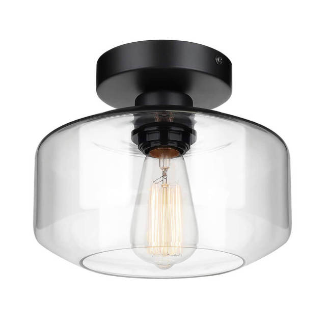 Modern Minimalist Vintage Clear/Seeded Glass Shade Flush Mount Black Ceiling Light for Living Room Dining Room