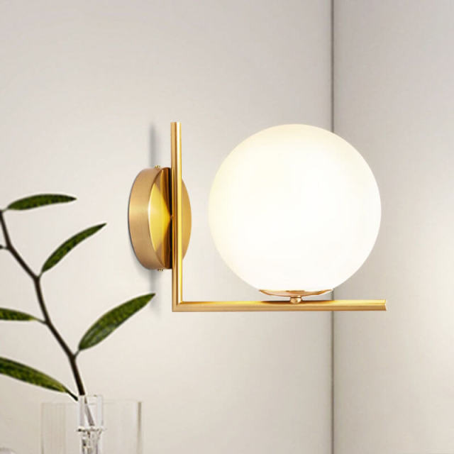 Modern Milk Globe Wall Sconce Lighting in Brass Finish with Blown Glass Opal Diffuser for Bedroom Hallway