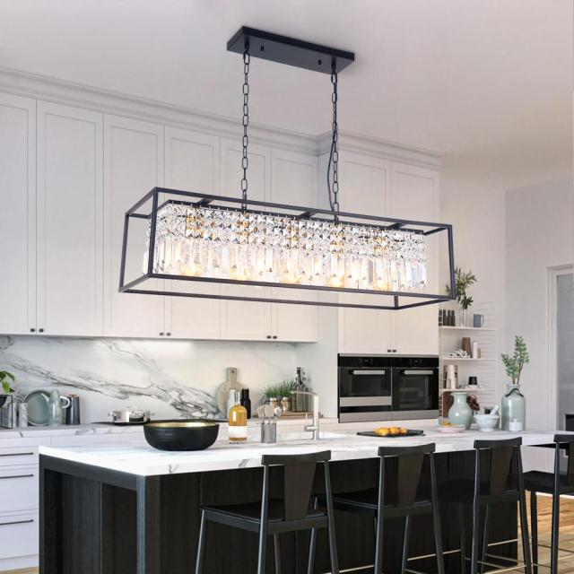 Modern Farmhouse Crystal Strips 5 Light Black Linear Chandelier Matte Black for Kitchen Island Sloped Ceiling Compatible