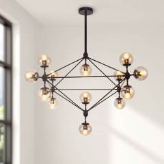 Modern Design Modo Chandelier in Black with Mouth Transparent Glass, 4 Sides 15 Globes for Bedroom Living Room