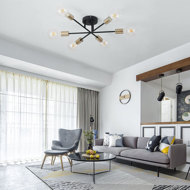 Mid-century Modern 6-Light Metal Radial Sputnik Close to Ceiling Light in Black/Brass for Bedroom Living Room