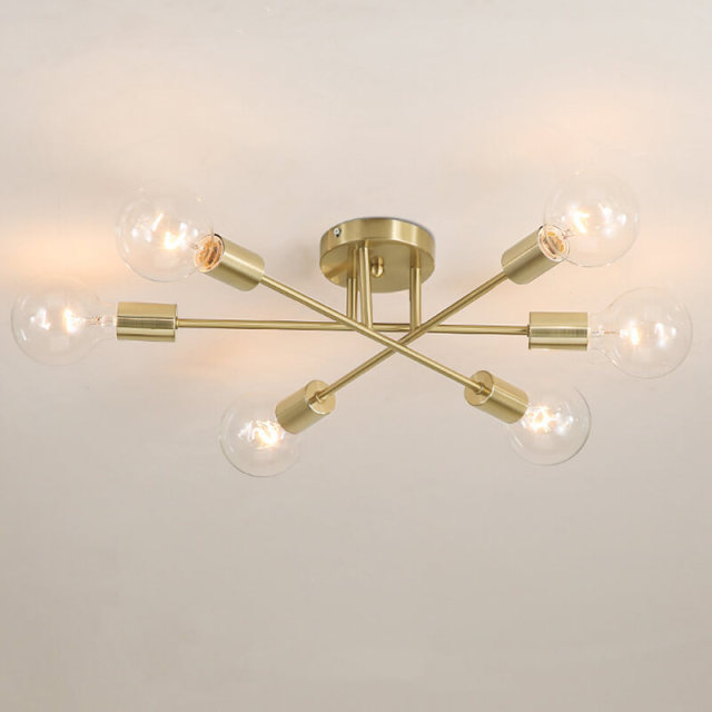 Mid-century Modern 6-Light Metal Radial Sputnik Close to Ceiling Light in Black/Brass for Bedroom Living Room