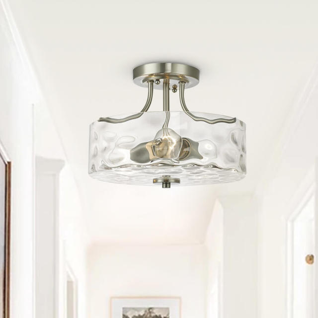 Modern Farmhouse Glass Hammer Drum Semi Flush Mount Nickel Ceiling Light for Living Room Dining Room
