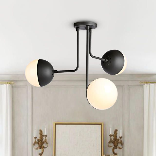 Modern Mid-century 3-Light Curved Arms Globes Semi Flush Mount with Opal Globes for Living /Dining Room /Bedroom