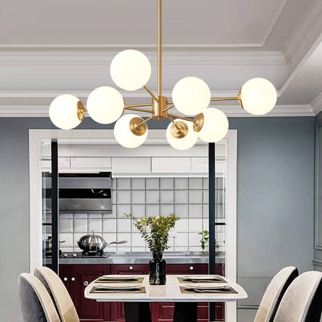 Mid-Century Modern 6/8 Lights Brass Sputnik Chandelier with Glass Spheres for Dining Room Living Room Bedroom