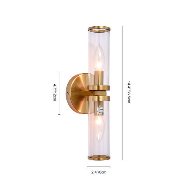 2-Light Modern Brass/ Black Cylinder Clear Glass Wall Sconces Wall Lights for Front Door/ Entryway/Living Room Bathroom Vanity Light