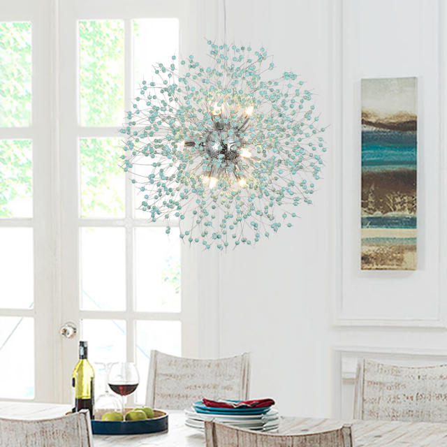 Modern Coastal Aqua Sea 9-Light Hanging Pendant Light Sputnik Firework Beads Chandelier for Dining Room/ Living Room/ Foyer