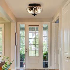 Modern Farmhouse 2-Light Flush Mount Ceiling Light with Hammer Glass Shade for Kitchen/ Entryway