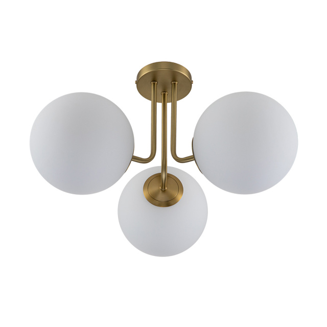 3-Light Modern Gold Sputnik Semi Flush Mount with Frosted Opal Glass Globe for Dining Room/ Kitchen/ Living Room