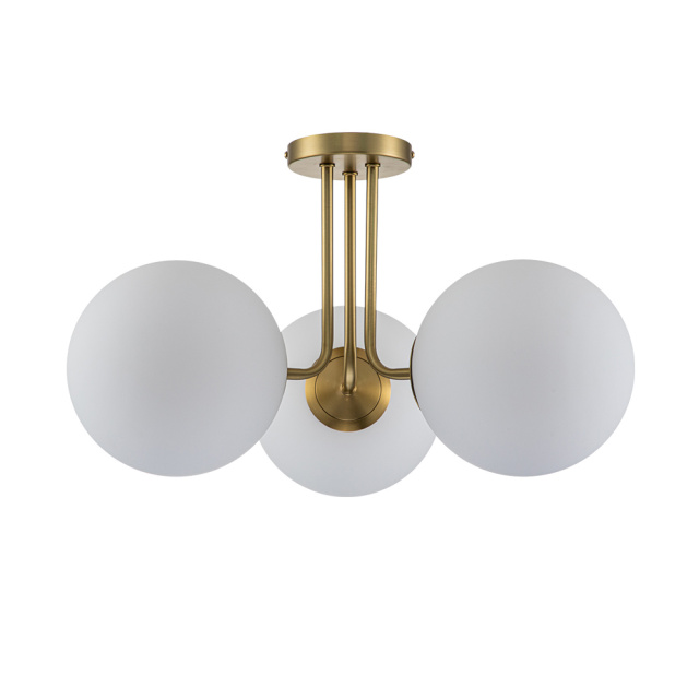 3-Light Modern Gold Sputnik Semi Flush Mount with Frosted Opal Glass Globe for Dining Room/ Kitchen/ Living Room