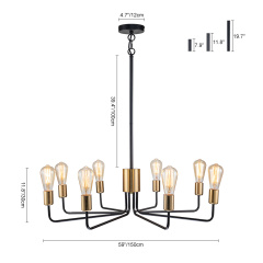 Modern Contemporary Brass+Black Candle Shape Sputnik Island Chandelier for Restaurant/ Living Room/ Dining Room