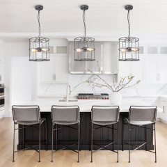 Modern Farmhouse Metal Open Cage Frame Pendant Lighting in Silver Gray Finish For Restaurant/ Kitchen/ Dining Room