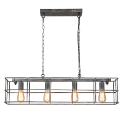 4-Light Mid-century Modern Farmhouse Wooden+Metal Rectangle Chandelier Pendant Light in Silver Gray Finish for Living Room/ Kitchen/ Garage