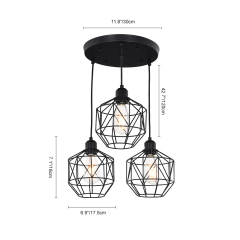 3-Light Modern Industrial Black Geometric Pendant Lighting Adjustable Cage Hanging Light for Kitchen Island Dining Room Bedroom Bar