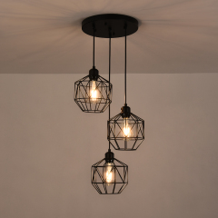 3-Light Modern Industrial Black Geometric Pendant Lighting Adjustable Cage Hanging Light for Kitchen Island Dining Room Bedroom Bar