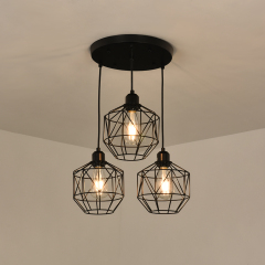 3-Light Modern Industrial Black Geometric Pendant Lighting Adjustable Cage Hanging Light for Kitchen Island Dining Room Bedroom Bar