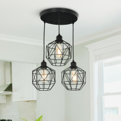 3-Light Modern Industrial Black Geometric Pendant Lighting Adjustable Cage Hanging Light for Kitchen Island Dining Room Bedroom Bar