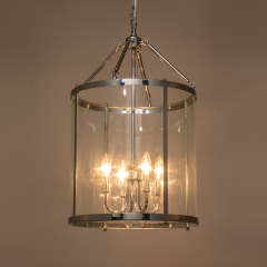 Modern Farmhouse Lantern Round Glass Chandelier Drum Pendant Light with Black/ Chrome Cylinder Frame for Restaurant/ Kitchen/ Dining Room