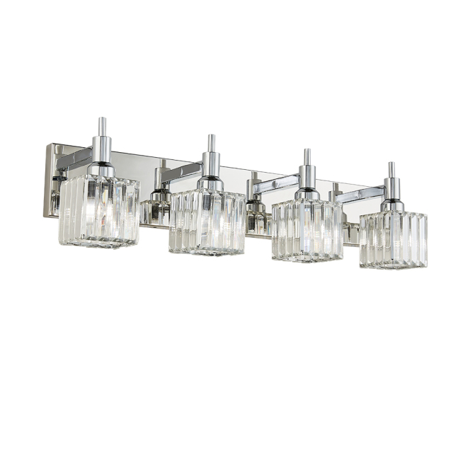 Glam Modern 27.6" Wide 4 Light Crystal Square Wall Sconce Vanity Light in Chrome/ Black+Brass Finish for Mirror Bedroom Bathroom Hallway