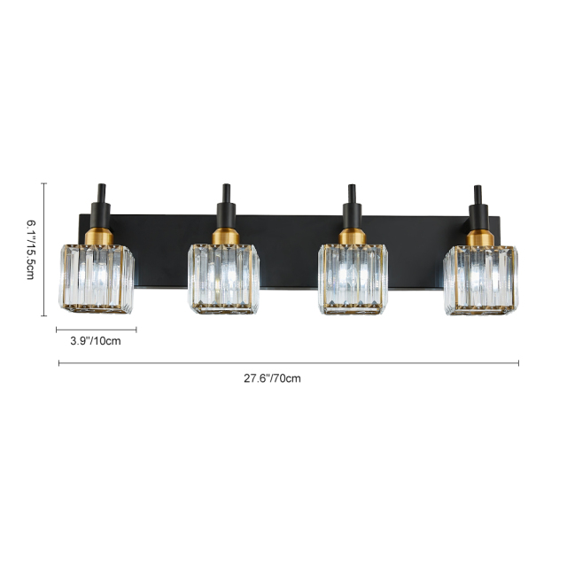 Glam Modern 27.6" Wide 4 Light Crystal Square Wall Sconce Vanity Light in Chrome/ Black+Brass Finish for Mirror Bedroom Bathroom Hallway