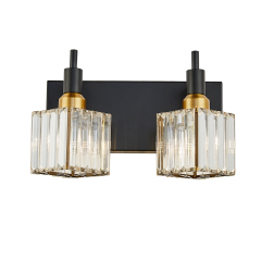 Glam Modern 11.8' Wide 2 Light Crystal Square Wall Sconce Vanity Light in Chrome/ Black+Brass Finish for Mirror Bedroom Bathroom Hallway