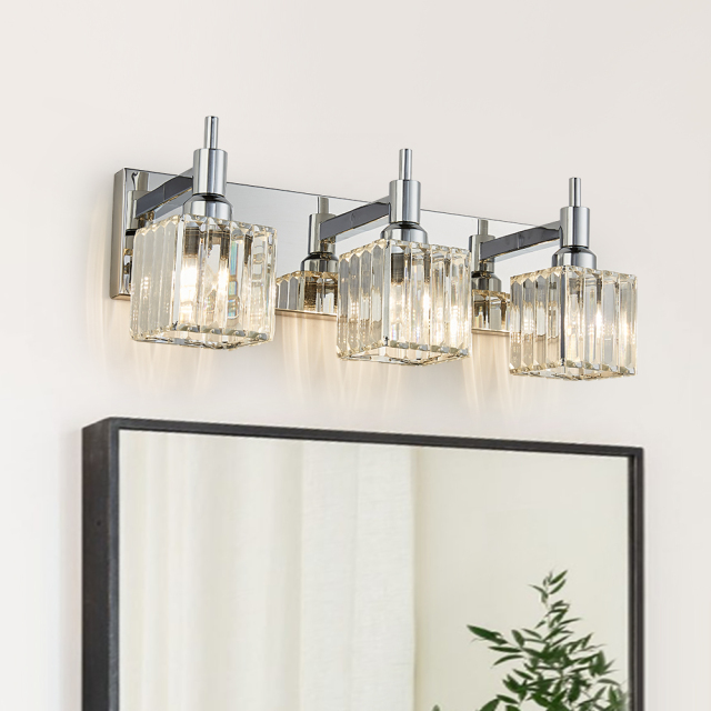 Glam Modern 19.7' Wide 3 Light Crystal Square Wall Sconce Vanity Light in Chrome/ Black+Brass Finish for Mirror Bedroom Bathroom Hallway