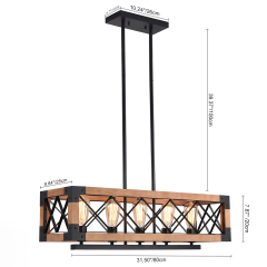 Modern Farmhouse Style Linear Wooden Chandelier 5-Light Rectangle Chandelier for Dining Table Kitchen Island