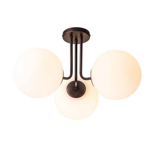 3-Light Modern Mid-Century Oil-rubbed Bronze Sputnik Semi Flush Mount with Frosted Opal Glass Globe for Dining Room/ Kitchen/ Living Room