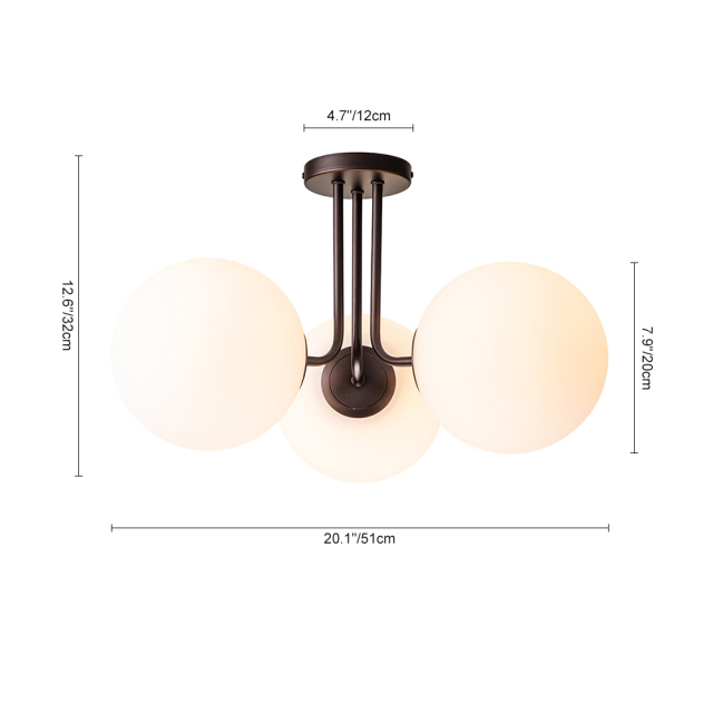 3-Light Modern Mid-Century Oil-rubbed Bronze Sputnik Semi Flush Mount with Frosted Opal Glass Globe for Dining Room/ Kitchen/ Living Room