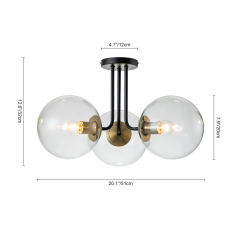 3-Light Modern Mid-Century Black Brass Sputnik Semi Flush Mount with Clear Glass Globe for Dining Room/ Kitchen/ Living Room