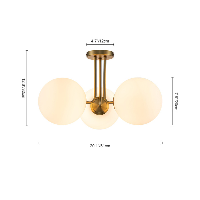 3-Light Modern Mid-Century Gold Sputnik Semi Flush Mount with Frosted Opal Glass Globe for Dining Room/ Kitchen/ Living Room