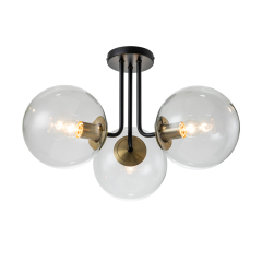 3-Light Modern Mid-Century Black Brass Sputnik Semi Flush Mount with Clear Glass Globe for Dining Room/ Kitchen/ Living Room