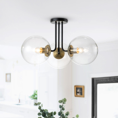 3-Light Modern Mid-Century Black Brass Sputnik Semi Flush Mount with Clear Glass Globe for Dining Room/ Kitchen/ Living Room