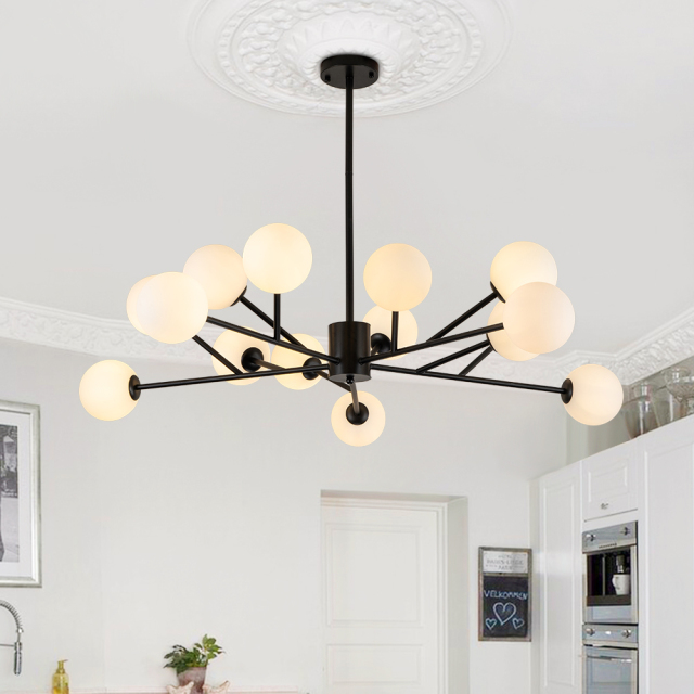 15-Light Glam Modern Sputnik Silhouette Opal Globes Bubble Chandelier for Living Room/ Dining Room/ Kitchen