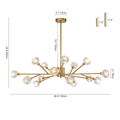 Luxury Glam Modern Branching Sputnik Crystal Chandelier in Brass Finish for Living Room/ Dining Room/ Kitchen
