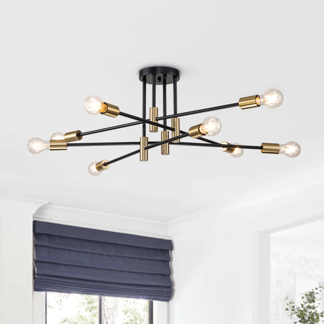 6/8-Light Mid-Century Modern Black Gold Sputnik Silhouette Semi Flush Mount for Dining Room/ Kitchen/ Living Room