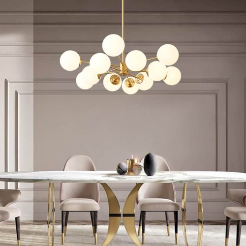 Mid-Century Modern Two-Tier Brass Sputnik Opal Globe Chandelier Light for Dining Room/Living Room