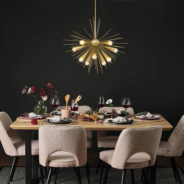 10-Light Mid-Century Modern Brass/ Black Sputnik Starburst  Chandelier for Dining Room/ Kitchen/ Living Room
