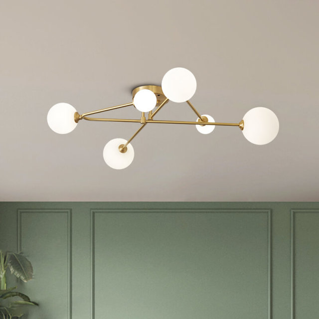 Mid-century Modern Cross Brass Sputnik Opal Globes 6 Light Semi Flush Mount Ceiling Light for Living / Dining Room Bedroom