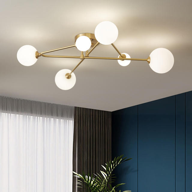 Mid-century Modern Cross Brass Sputnik Opal Globes 6 Light Semi Flush Mount Ceiling Light for Living / Dining Room Bedroom