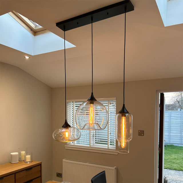 Modern 3 Light Linear Cluster Pendant Light with Clear Glass Shade for Dining Table Kitchen Island Breakfast Bar