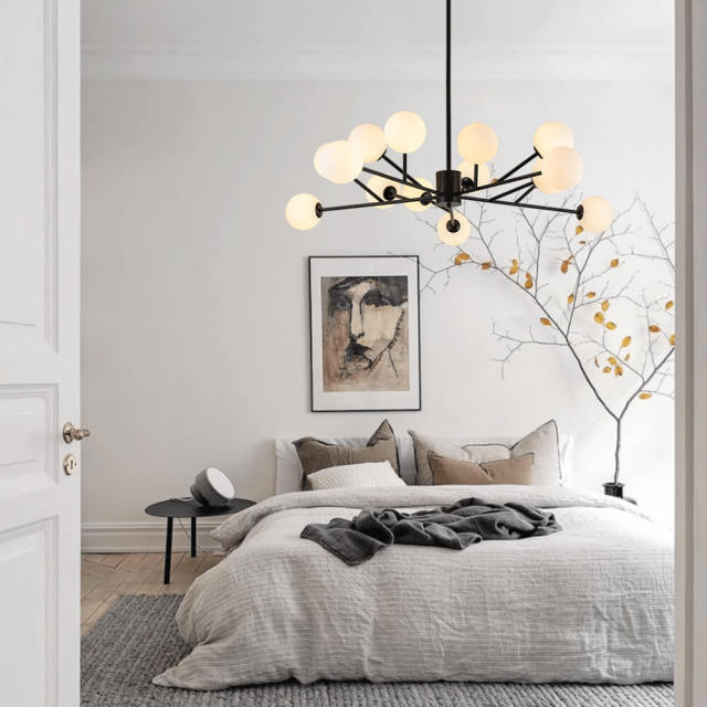15-Light Glam Modern Sputnik Silhouette Branch Opal Globes Bubble Chandelier for Living Room/ Dining Room/ Kitchen