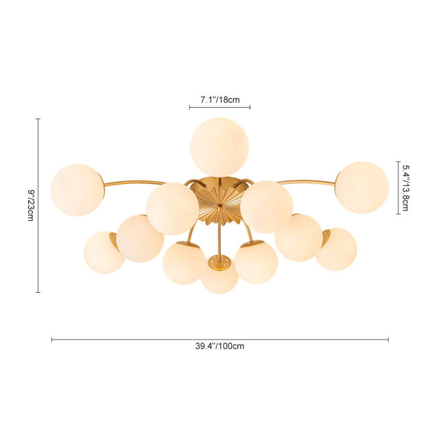 Modern Glam 12-Light Opal Glass Globe Semi-Flush Mount Ceiling Chandelier for Bedroom Dining Room Living Room